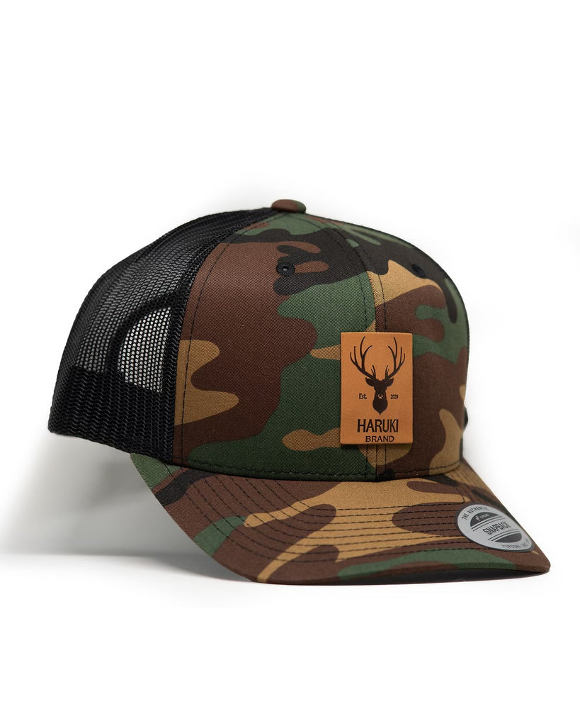 Retro Trucker Hat - Green Camo with Leather Buck